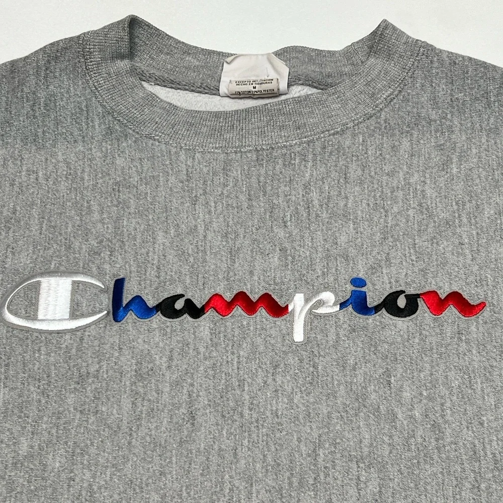 CHAMPION Reverse Weave Medium Gray Pullover Sweatshirt Embroidered Logo Y2K